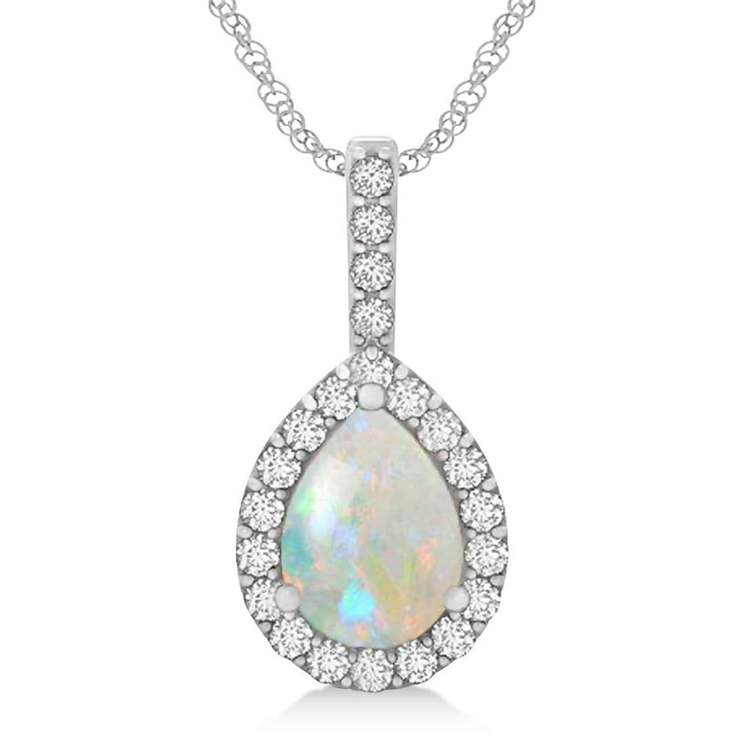 Pear Shape Diamond & Opal Halo Pendant 14k White Gold 2.20ct