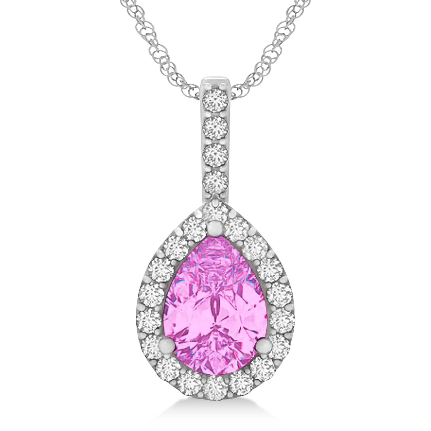 Pear Shape Diamond & Pink Sapphire Halo Pendant 14k White Gold 2.20ct