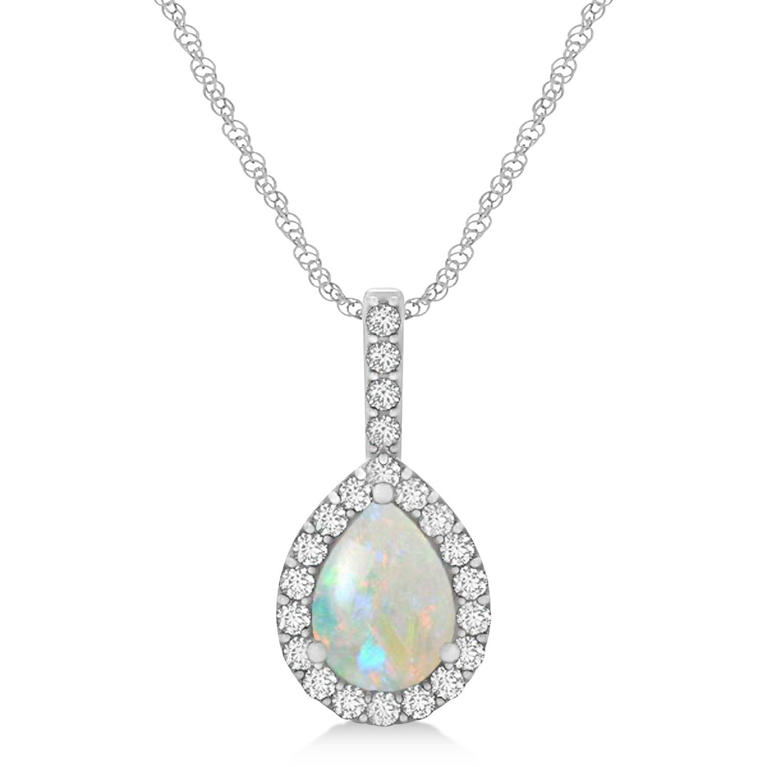 Pear Shape Diamond & Opal Halo Pendant 14k White Gold 1.25ct