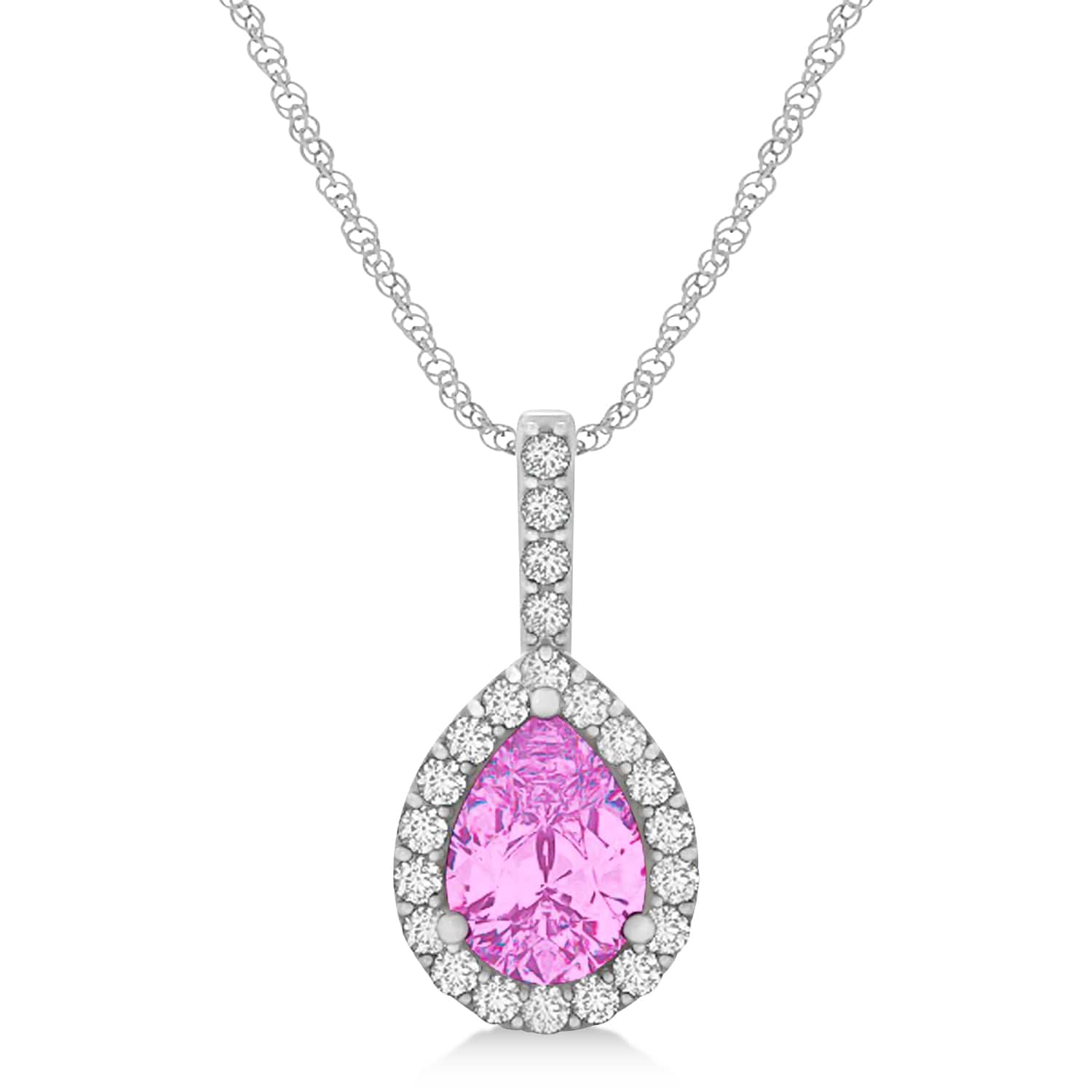 Pear Shape Diamond & Pink Sapphire Halo Pendant 14k White Gold 1.25ct