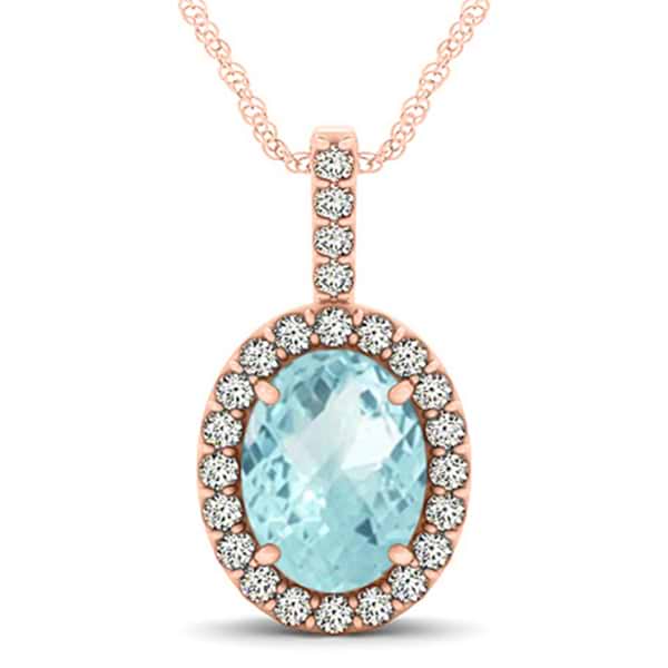 Aquamarine & Diamond Halo Oval Pendant Necklace 14k Rose Gold (2.47ct)