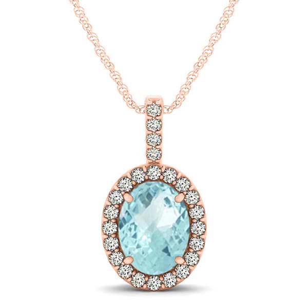 Aquamarine & Diamond Halo Oval Pendant Necklace 14k Rose Gold (0.92ct)