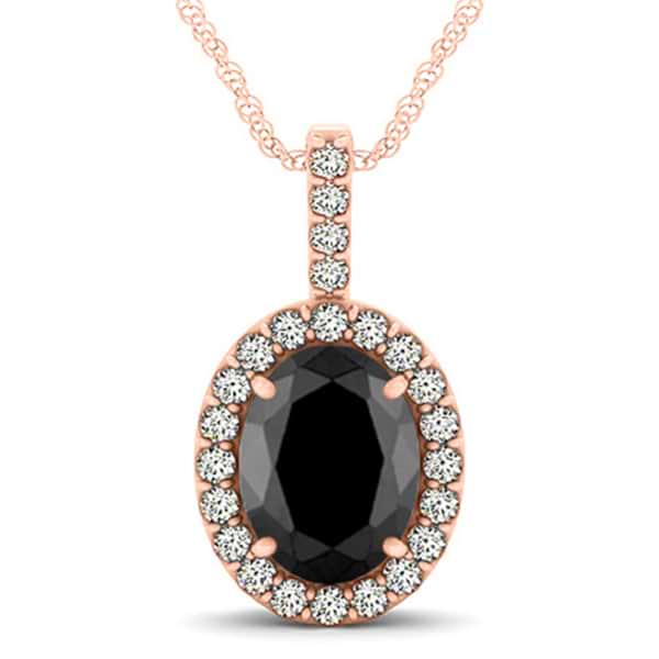 Black Diamond & Diamond Halo Oval Pendant Necklace 14k Rose Gold (2.76ct)