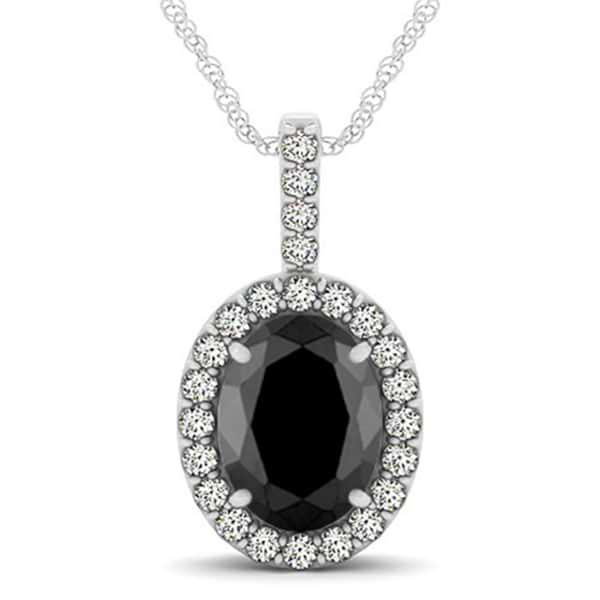 Black Diamond & Diamond Halo Oval Pendant Necklace 14k White Gold (2.76ct)