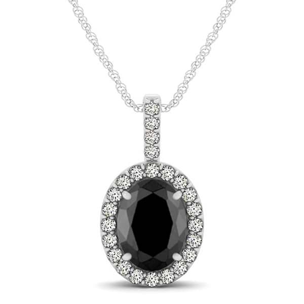 Black Diamond & Diamond Halo Oval Pendant Necklace 14k White Gold (0.93ct)
