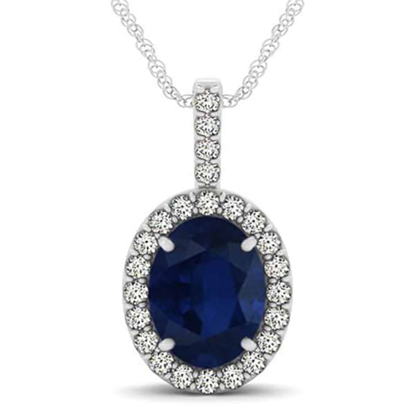 Blue Sapphire & Diamond Halo Oval Pendant Necklace 14k White Gold (3.37ct)