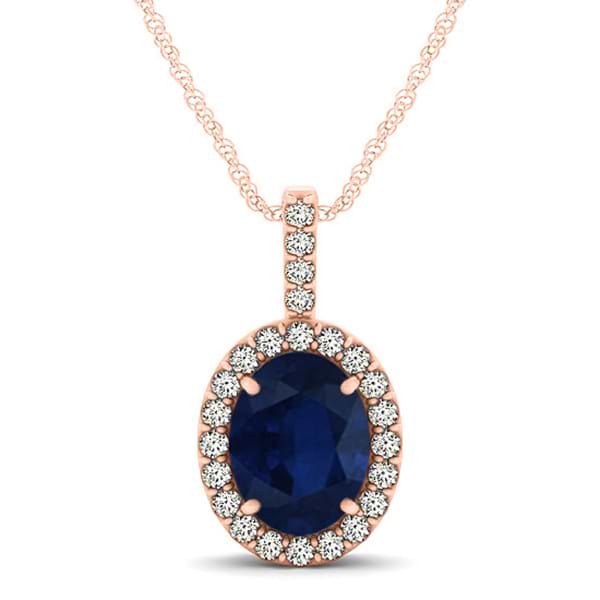 Blue Sapphire & Diamond Halo Oval Pendant Necklace 14k Rose Gold (1.17ct)
