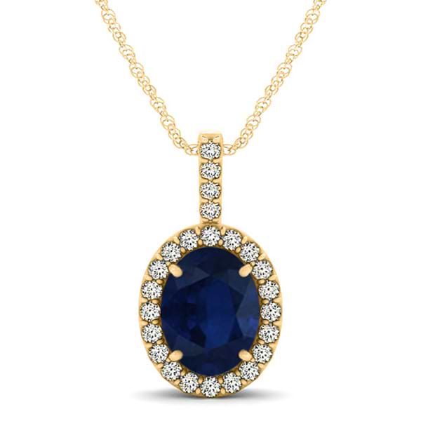 Blue Sapphire & Diamond Halo Oval Pendant Necklace 14k Yellow Gold (1.17ct)