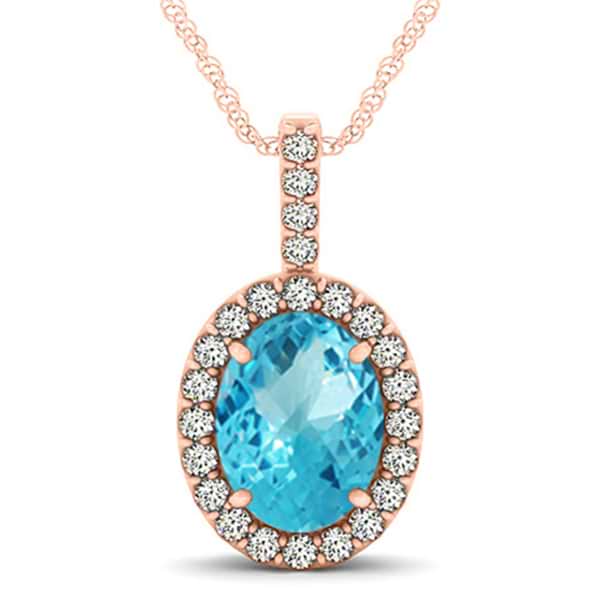 Blue Topaz & Diamond Halo Oval Pendant Necklace 14k Rose Gold (3.72ct)