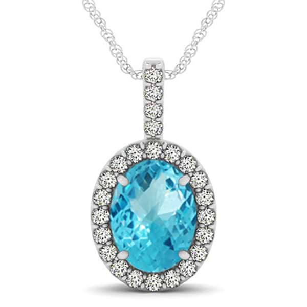 Blue Topaz & Diamond Halo Oval Pendant Necklace 14k White Gold (3.72ct)