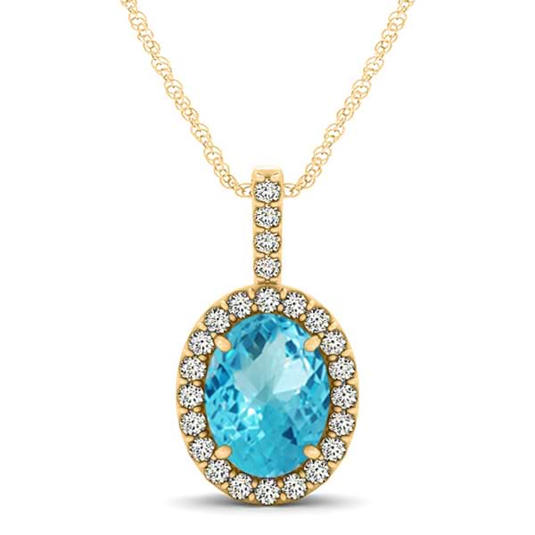 Blue Topaz & Diamond Halo Oval Pendant Necklace 14k Yellow Gold (1.27ct)