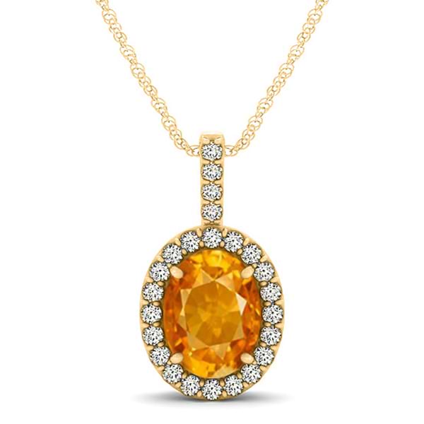 Citrine & Diamond Halo Oval Pendant Necklace 14k Yellow Gold (1.02ct)