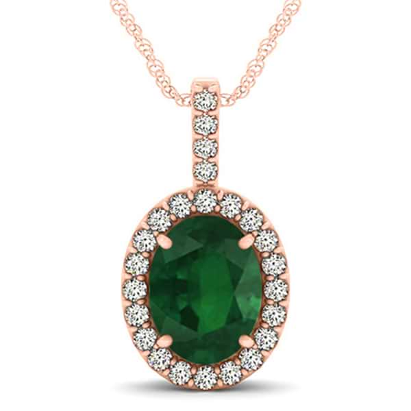 Emerald & Diamond Halo Oval Pendant Necklace 14k Rose Gold (2.47ct)