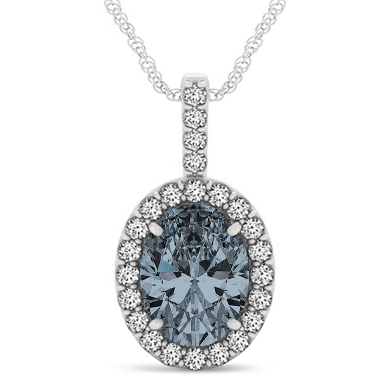 Gray Spinel & Diamond Halo Oval Pendant Necklace 14k White Gold (2.62ct)