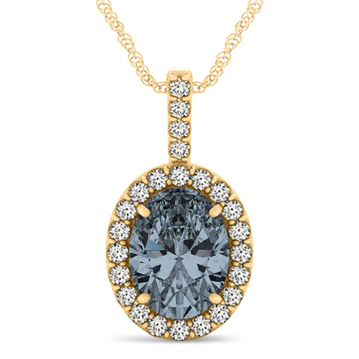 Gray Spinel & Diamond Halo Oval Pendant Necklace 14k Yellow Gold (1.02ct)