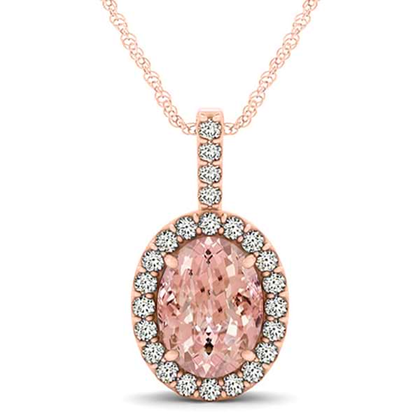 Pink Morganite & Diamond Halo Oval Pendant Necklace 14k Rose Gold (2.82ct)