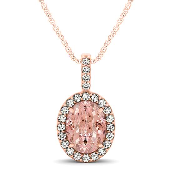 Pink Morganite & Diamond Halo Oval Pendant Necklace 14k Rose Gold (1.27ct)