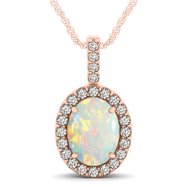 Opal & Diamond Halo Oval Pendant Necklace 14k Rose Gold (1.90ct)