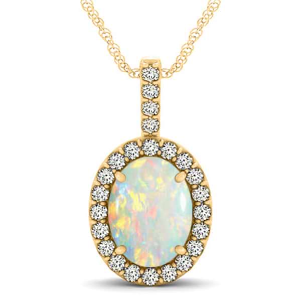 Opal & Diamond Halo Oval Pendant Necklace 14k Yellow Gold (1.90ct)