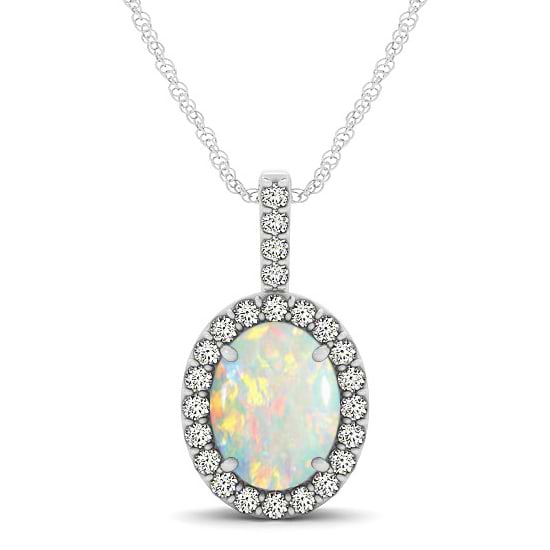Opal & Diamond Halo Oval Pendant Necklace 14k White Gold (0.64ct)