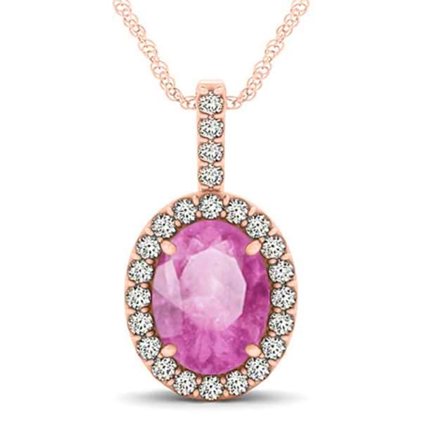 Pink Sapphire & Diamond Halo Oval Pendant Necklace 14k Rose Gold (3.37ct)