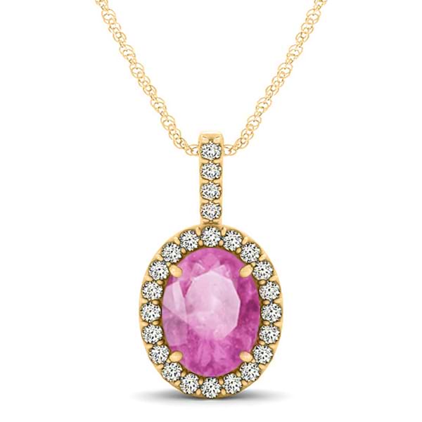 Pink Sapphire & Diamond Halo Oval Pendant Necklace 14k Yellow Gold (1.17ct)