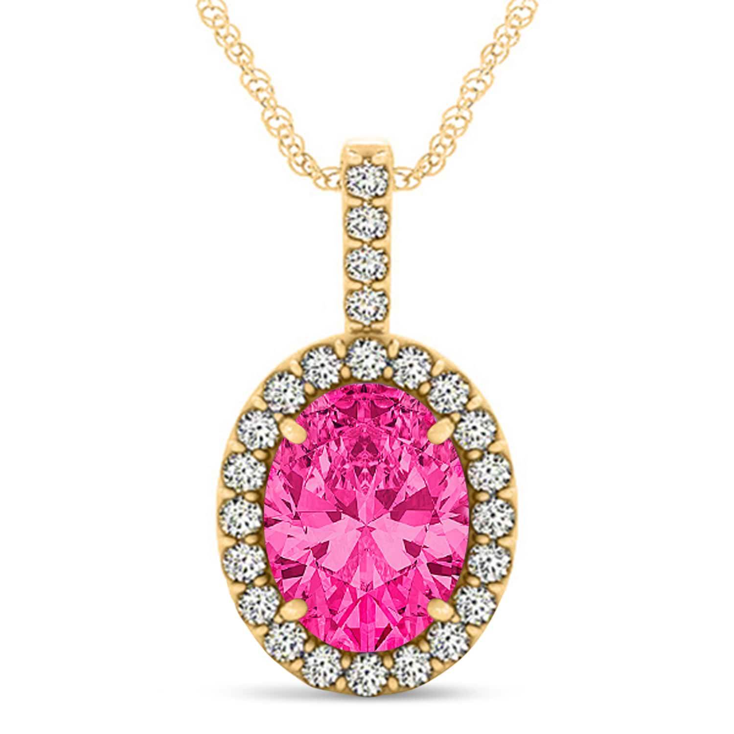 Pink Tourmaline & Diamond Halo Oval Pendant Necklace 14k Yellow Gold (3.02ct)