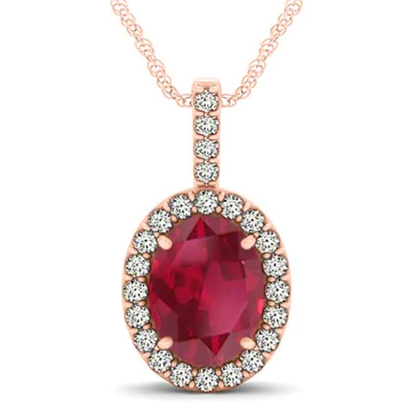 Ruby & Diamond Halo Oval Pendant Necklace 14k Rose Gold (3.37ct)