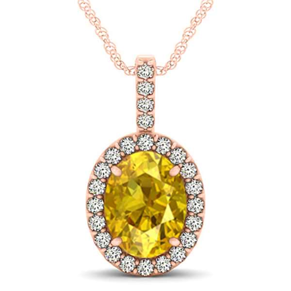 Yellow Sapphire & Diamond Halo Oval Pendant Necklace 14k Rose Gold (3.37ct)