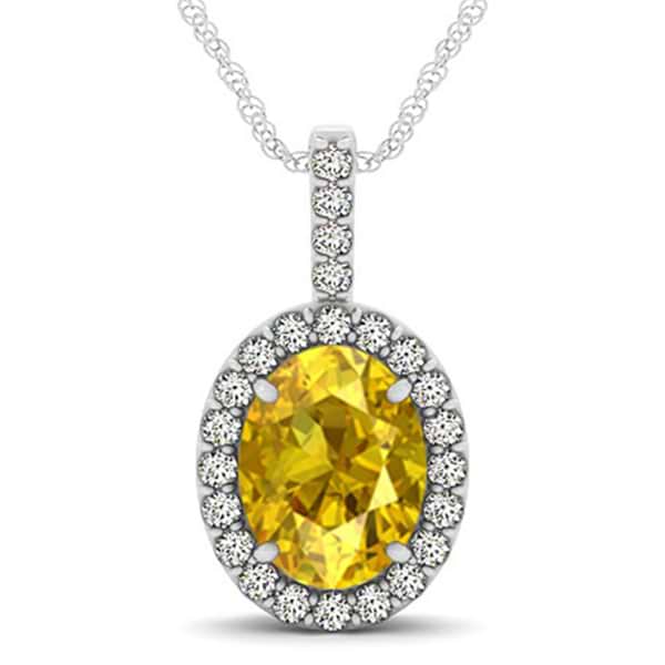 Yellow Sapphire & Diamond Halo Oval Pendant Necklace 14k White Gold (3.37ct)