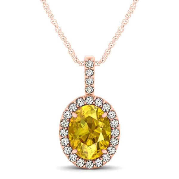 Yellow Sapphire & Diamond Halo Oval Pendant Necklace 14k Rose Gold (1.17ct)