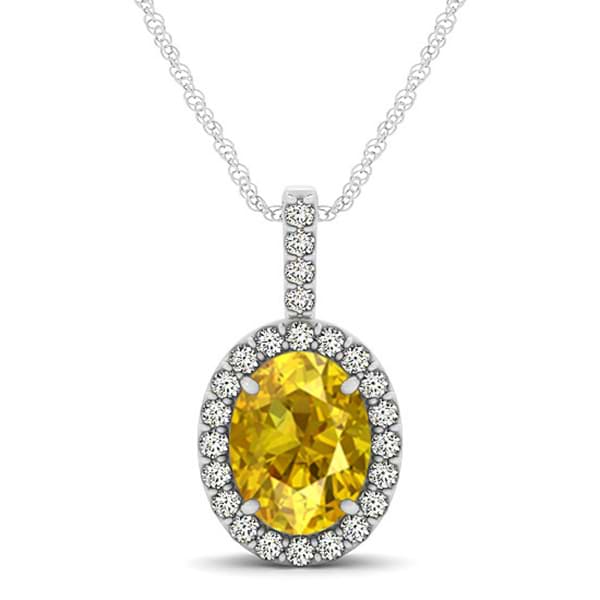 Yellow Sapphire & Diamond Halo Oval Pendant Necklace 14k White Gold (1.17ct)