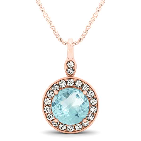 Round Aquamarine & Diamond Halo Pendant Necklace 14k Rose Gold (2.22ct)