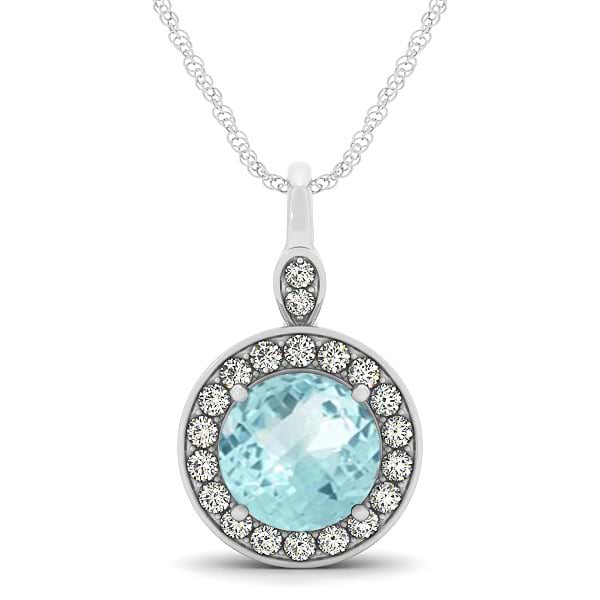 Round Aquamarine & Diamond Halo Pendant Necklace 14k White Gold (2.22ct)