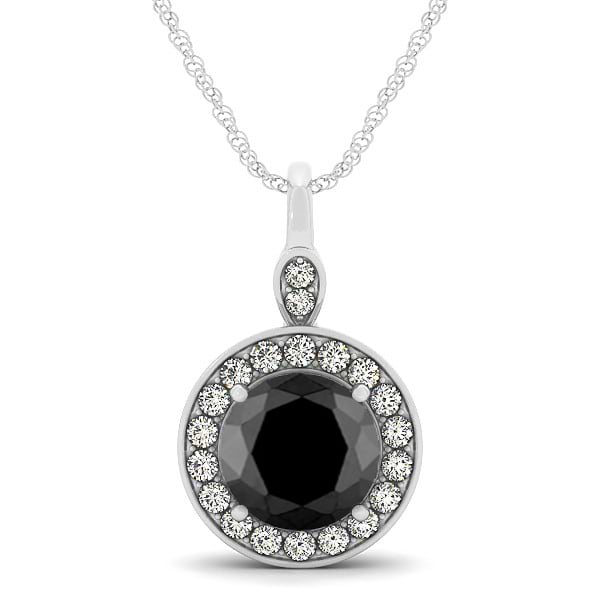 Round Black Diamond & Diamond Halo Pendant Necklace 14k White Gold (1.80ct)