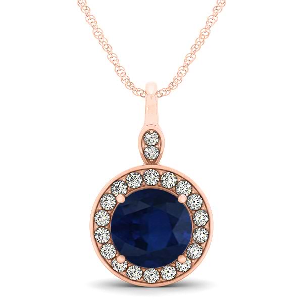 Round Blue Sapphire & Diamond Halo Pendant Necklace 14k Rose Gold (2.30ct)