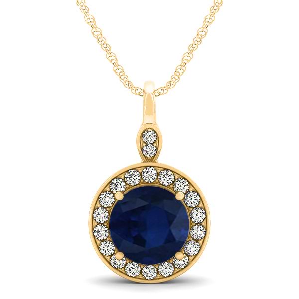 Round Blue Sapphire & Diamond Halo Pendant Necklace 14k Yellow Gold (2.30ct)