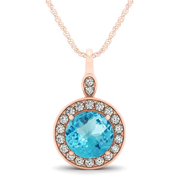 Round Blue Topaz & Diamond Halo Pendant Necklace 14k Rose Gold (2.22ct)