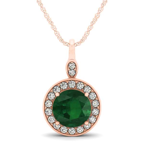 Round Emerald & Diamond Halo Pendant Necklace 14k Rose Gold (2.15ct)