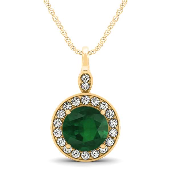Round Emerald & Diamond Halo Pendant Necklace 14k Yellow Gold (2.15ct)