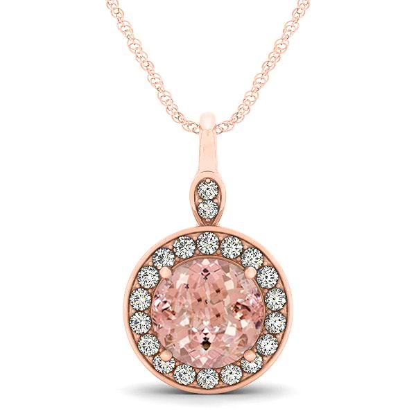 Round Pink Morganite & Diamond Halo Pendant Necklace 14k Rose Gold (1.85ct)