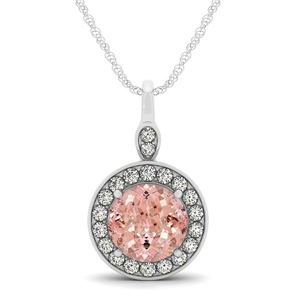 Round Pink Morganite & Diamond Halo Pendant Necklace 14k White Gold (1.85ct)