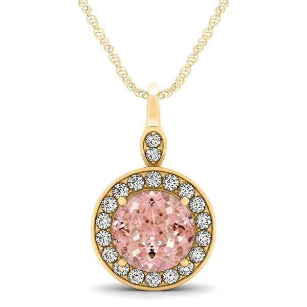 Round Pink Morganite & Diamond Halo Pendant Necklace 14k Yellow Gold (1.85ct)
