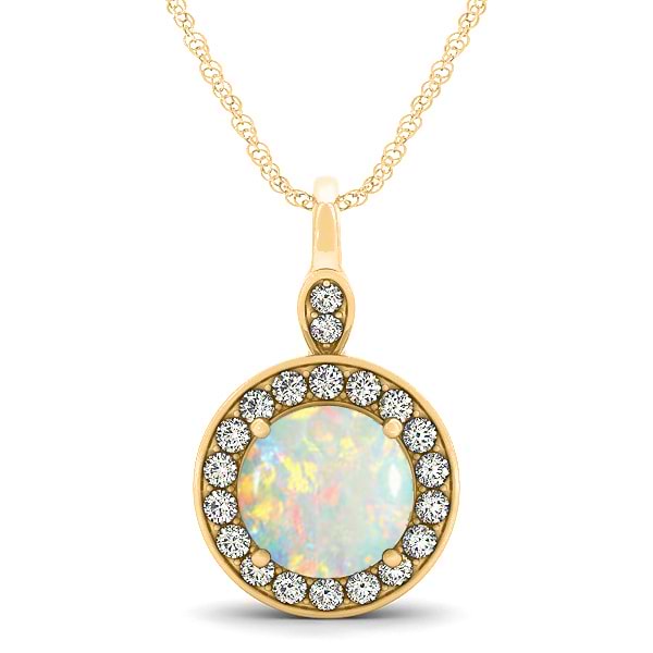 Round Opal & Diamond Halo Pendant Necklace 14k Yellow Gold (1.32ct)