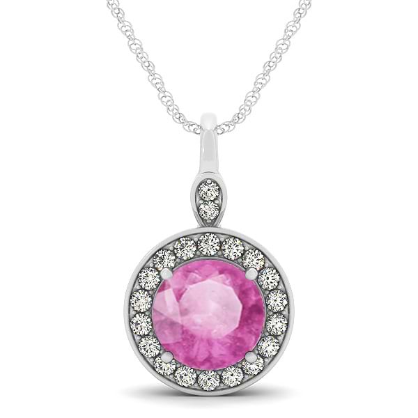 Round Pink Sapphire & Diamond Halo Pendant Necklace 14k White Gold (2.30ct)