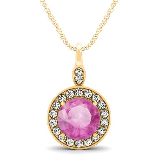Round Pink Sapphire & Diamond Halo Pendant Necklace 14k Yellow Gold (2.30ct)