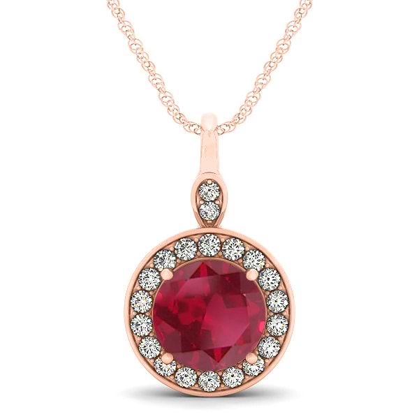 Round Ruby & Diamond Halo Pendant Necklace 14k Rose Gold (2.30ct)