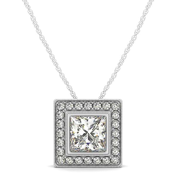 Halo Princess Cut Diamond Pendant Necklace 14k White Gold (1.75ct)