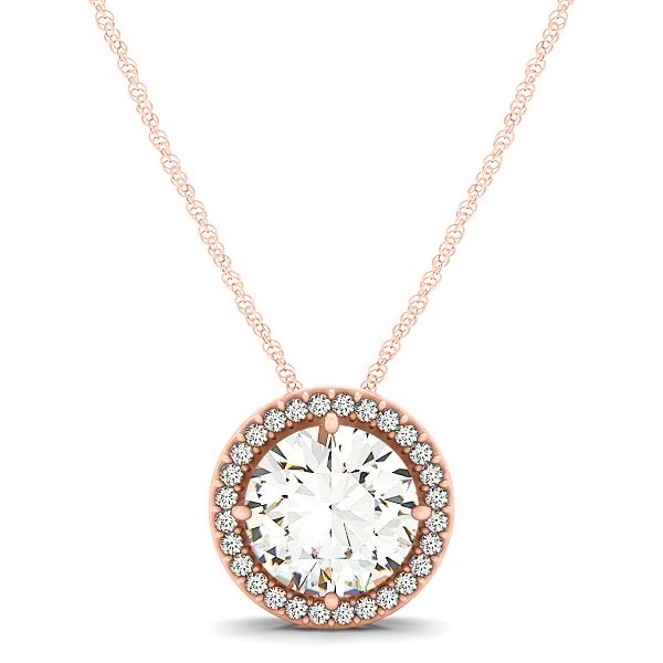 Diamond Floating Solitaire Halo Pendant Necklace 14k Rose Gold (2.04ct)