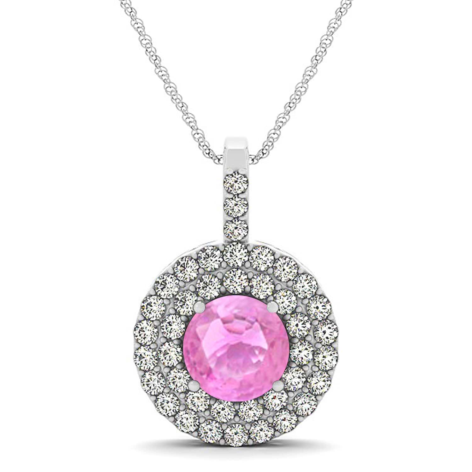 Pink Sapphire & Diamond Drop Double Halo Pendant  14k White Gold (2.16ct)